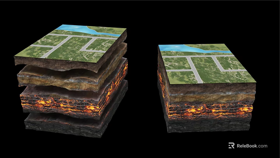 Layered Geological Structure Model With Surface Roads Water And Magma Layers 3d model 