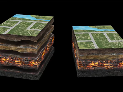Layered Geological Structure Model With Surface Roads Water And Magma Layers 3d model
