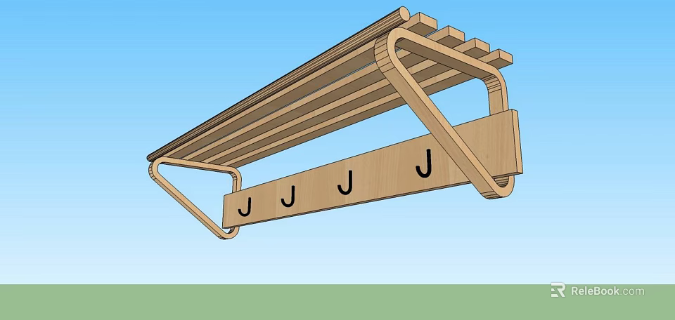 Wooden Overhead Hooks Rack With Multiple J Shaped Hooks For Hanging Storage Solution 3d model 
