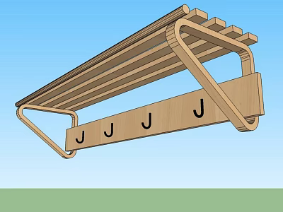 Wooden Overhead Hooks Rack With Multiple J Shaped Hooks For Hanging Storage Solution 3d model