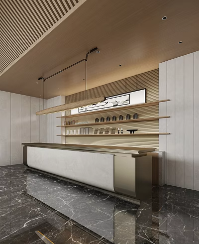 Modern Reception Desk With Wooden Wall Panel Hanging Linear Light And Sleek Countertop 3d model
