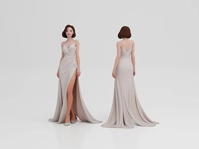 Woman Wearing Light Beige Long Dress with Side Slit Backless Front and Back Views 3d model
