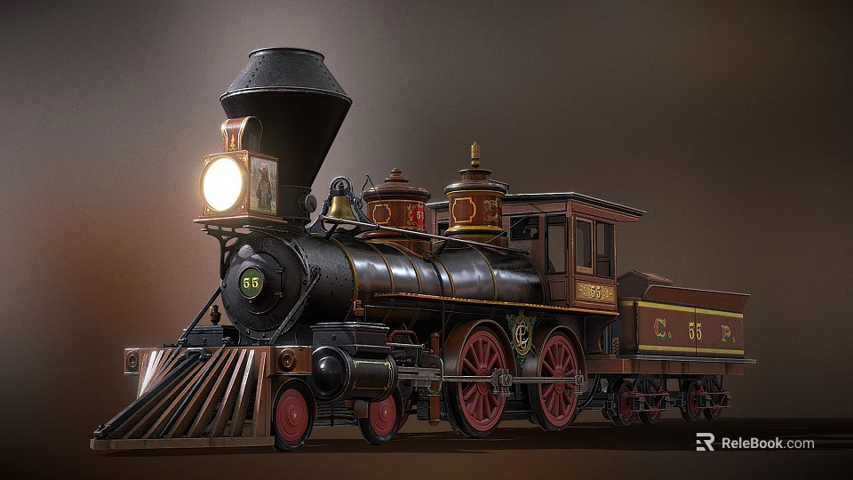 Vintage Steam Train with Black Body Red Wheels Brass Decorations Number 150 Front Light On 3d model 