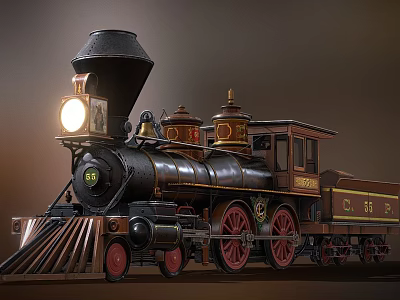 Vintage Steam Train with Black Body Red Wheels Brass Decorations Number 150 Front Light On 3d model