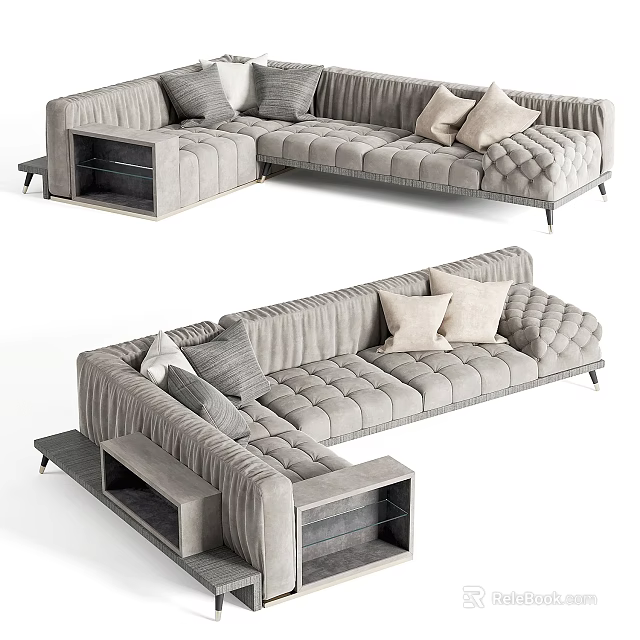 Modern Light Gray Sectional Sofa With Tufted Design And Decorative Pillows 3d model
