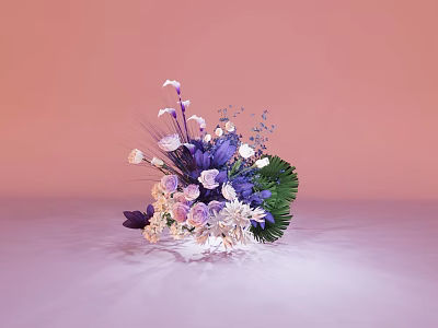 Elegant Floral Display with Purple White Pink Flowers and Green Leaves on Pink Background 3d model