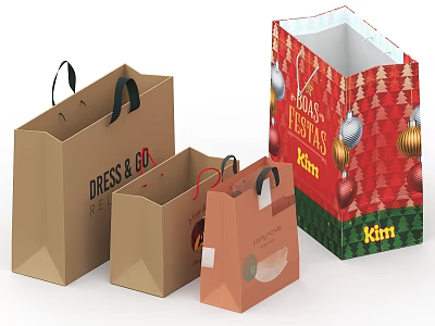 Colorful Shopping Bags With Various Sizes Brown Red Colors Festive Prints And Brand Logos 3d model