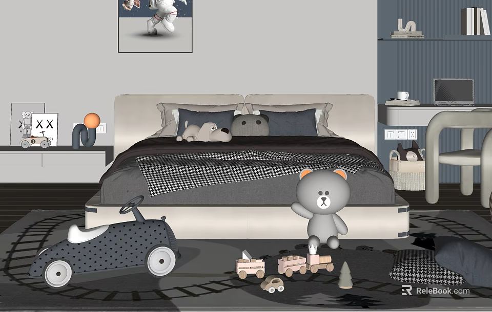 Children's Bed in Gray Kids Bedroom With Stuffed Toys Toy Car and Building Blocks 3d model 
