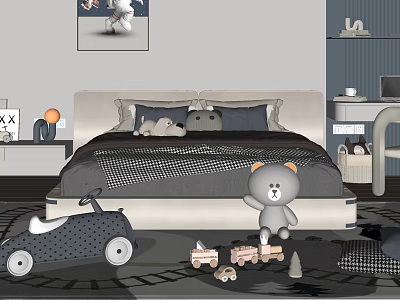 Children's Bed in Gray Kids Bedroom With Stuffed Toys Toy Car and Building Blocks 3d model