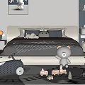 Children's Bed in Gray Kids Bedroom With Stuffed Toys Toy Car and Building Blocks