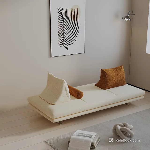 Modern Minimalist Cream Three Seater Sofa With Beige Brown Pillows And Leaf Pattern Wall Art 3d model 