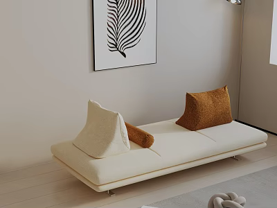Modern Minimalist Cream Three Seater Sofa With Beige Brown Pillows And Leaf Pattern Wall Art 3d model