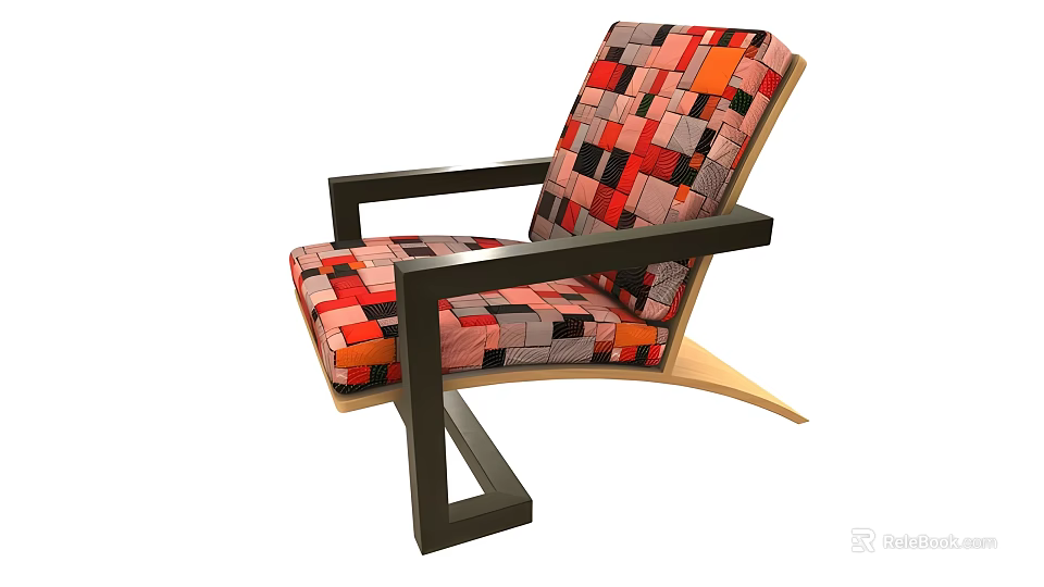 Modern Accent Chair With Colorful Geometric Pattern Upholstery And Black Frame 3d model 