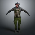 Anthropomorphic Monkey Character in Camouflage Vest and Green Pants Standing Pose with Arms Outstretched