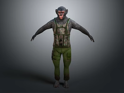 Anthropomorphic Monkey Character in Camouflage Vest and Green Pants Standing Pose with Arms Outstretched 3d model