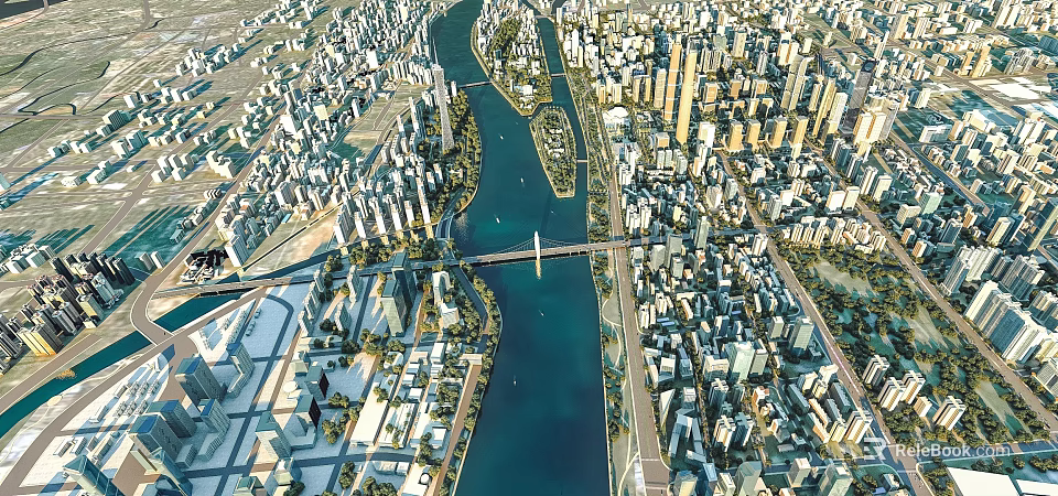 Aerial Urban Planning with River Bridge High Rise Buildings and Green Urban Layout 3d model 