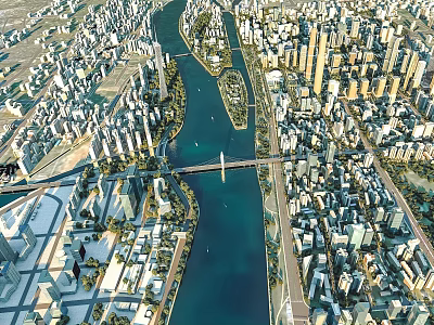 Aerial Urban Planning with River Bridge High Rise Buildings and Green Urban Layout 3d model