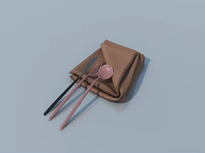 Stylish Black and Pink Cutlery Set with Knife Fork Spoon Wrapped in Brown Cloth 3d model