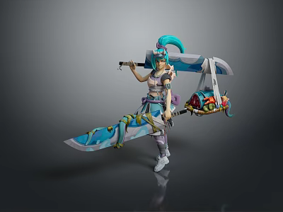 Game and Movie Character with Turquoise Hair Wielding Ornate Giant Sword in Elaborate Fantasy Outfit 3d model