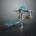 Game and Movie Character with Turquoise Hair Wielding Ornate Giant Sword in Elaborate Fantasy Outfit