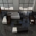 Modern Lobby Reception Desk With Large Windows City View Chandelier Lighting And Wooden Wall Panel