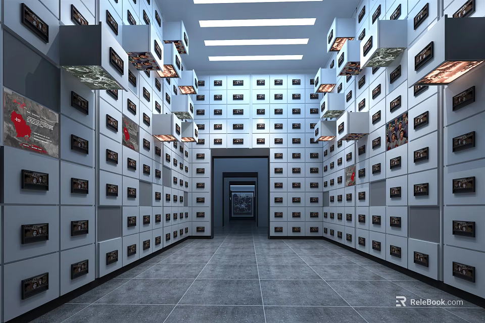 Grey Storage Locker Room With Rows Of Lockers And Ceiling Lights 3d model 