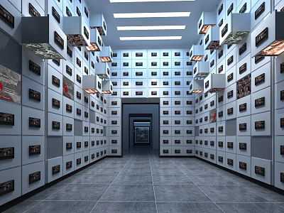 Grey Storage Locker Room With Rows Of Lockers And Ceiling Lights 3d model