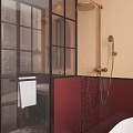 Modern Bathroom Interior Design With Mirror Green Lamp Marble Vanity Glass Shower And White Bathtub