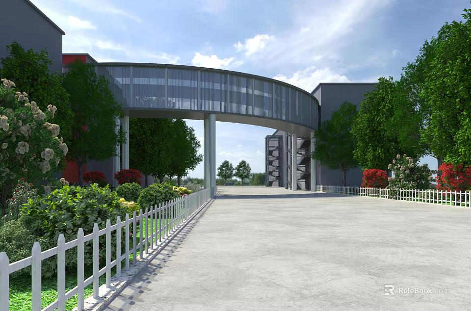Modern Arched Bridge Connecting Buildings With Green Trees White Fence And Plaza 3d model 