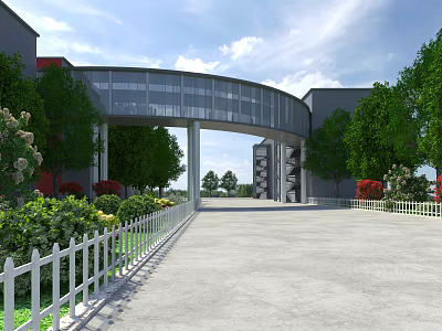Modern Arched Bridge Connecting Buildings With Green Trees White Fence And Plaza 3d model