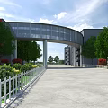 Modern Arched Bridge Connecting Buildings With Green Trees White Fence And Plaza