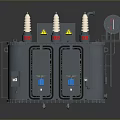 Power Transformer Equipment With Three Insulators Warning Signs And Gray Casing