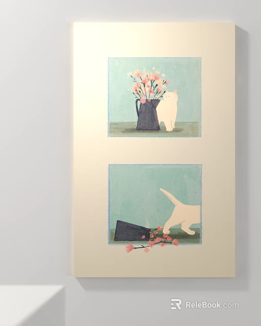 Cute White Cat Artwork With Black Vase Pink Flowers And Petals 3d model 