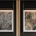 Two Abstract Paintings In White Frames Hanging On Dark Wall With Textured Brushstrokes