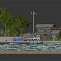 Cartoon Scene Featuring Houses Trees Vehicles Dock And Water Platform