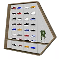 Polygonal Display Shelf With Colorful Shoes Storage And Small Green Plant