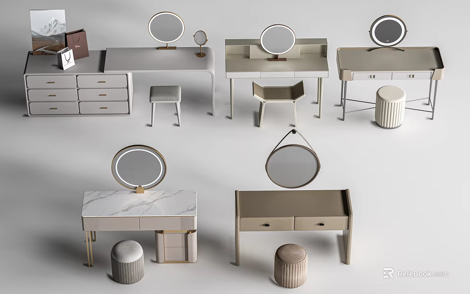 Modern Minimalist Dressing Tables With Marble Tops Round Mirrors And Matching Stools 3d model 
