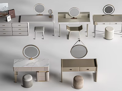 Modern Minimalist Dressing Tables With Marble Tops Round Mirrors And Matching Stools 3d model