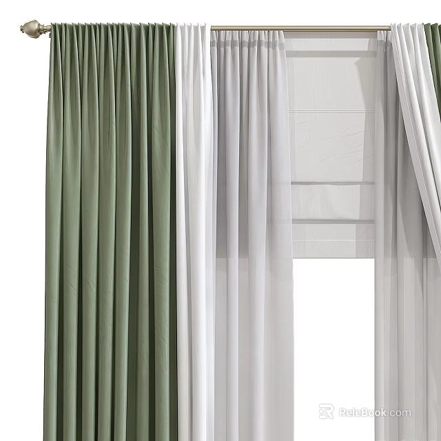 Green And White Layered Curtains With Sheer And Solid Panels For Home Window Decoration 3d model 