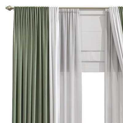 Green And White Layered Curtains With Sheer And Solid Panels For Home Window Decoration 3d model