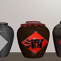 Traditional Ceramic Wine Jars With Red Jiu Character And Red Lid On Wooden Table