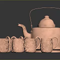 Shiny Copper Tableware Set Including Teapot And Mugs For Dining Use