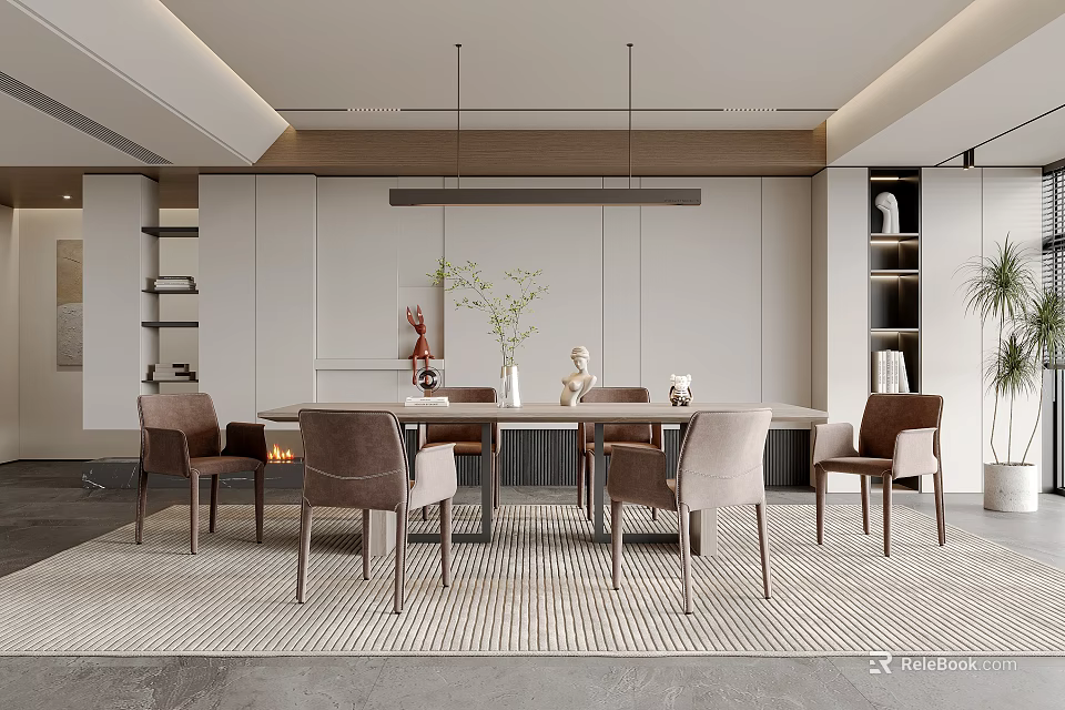 Modern Restaurant Interior With Dining Table Chairs Pendant Lights And Neutral Decor Elements 3d model