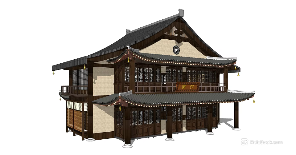 Traditional Oriental Style Two Story Hotel Building With Wooden Frame And Decorative Eaves 3d model 