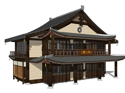 Traditional Oriental Style Two Story Hotel Building With Wooden Frame And Decorative Eaves 3d model