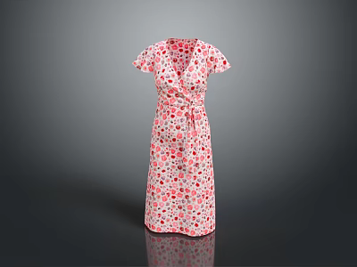 Feminine Wrap Dress Design With Red Floral Print And Short Sleeves For Casual Summer Look 3d model