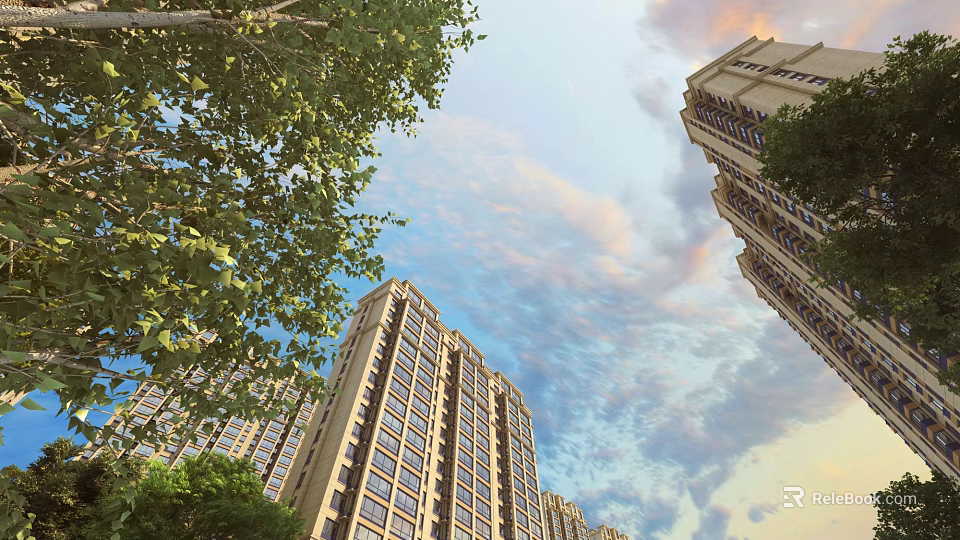 Tall Residential Buildings Surrounded by Green Trees Under Blue Sky With Fluffy Clouds 3d model 