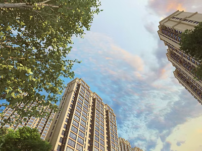 Tall Residential Buildings Surrounded by Green Trees Under Blue Sky With Fluffy Clouds 3d model