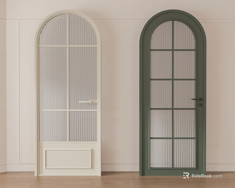 White and Green Arched Hinged Doors with Glass Panels in Modern Style 3d model 