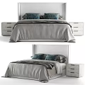 Modern Double Bed With Gray Bedding Blue Patterned Pillows White Headboard And Nightstands 3d model